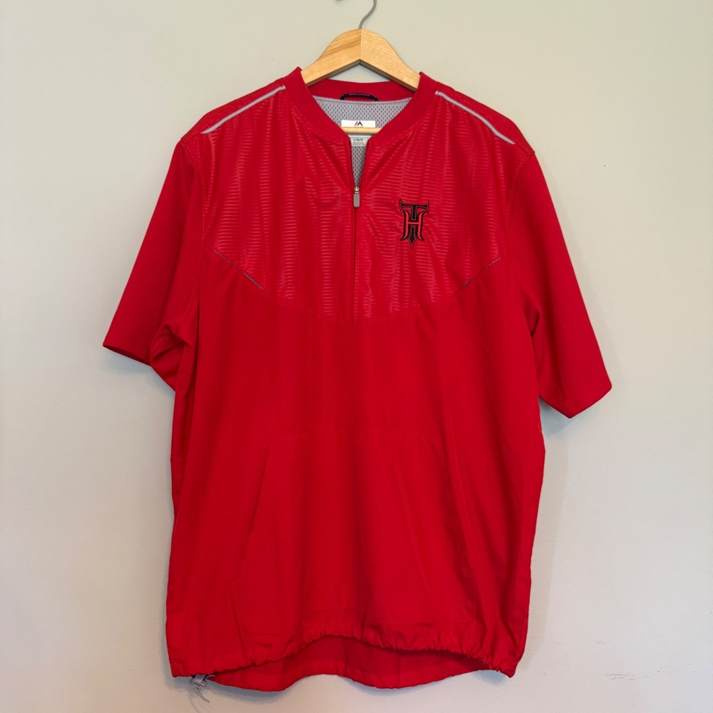 Majestic‎ Mens Red Short Sleeve Quarter Zip Windbreaker Pullover TH Logo Large